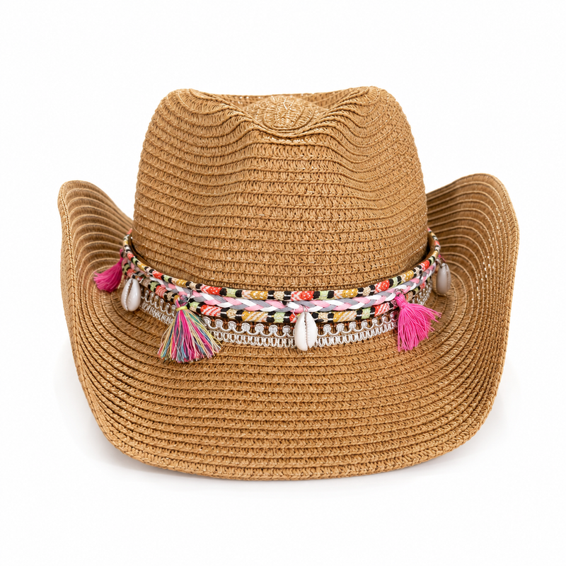 Boho Straw Cowboy Hat with Shells