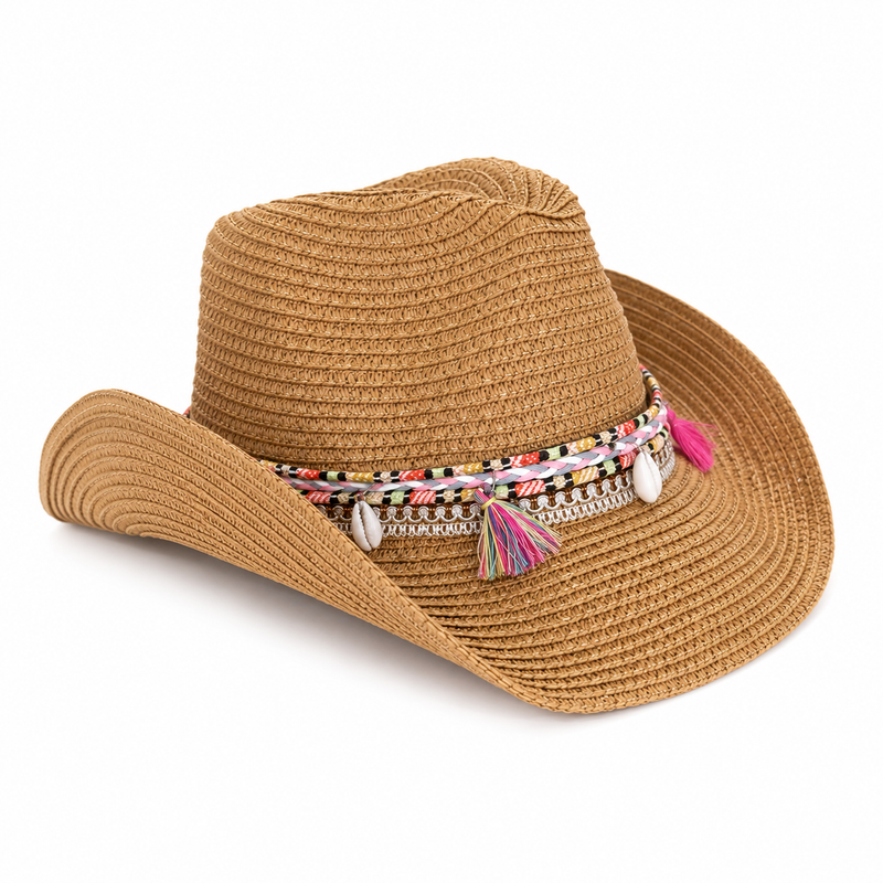 Boho Straw Cowboy Hat with Shells